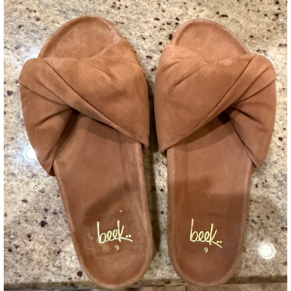 Beek Tesia Suede Slide Sandals Tan Honey Twisted Knot Slip On Womens 9